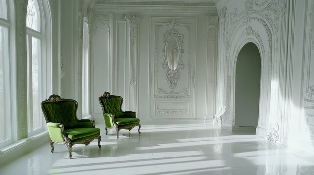 Luxury clean bright white interior with a old antique vintage green chairs over wall design bas-relief stucco mouldings roccoco elements