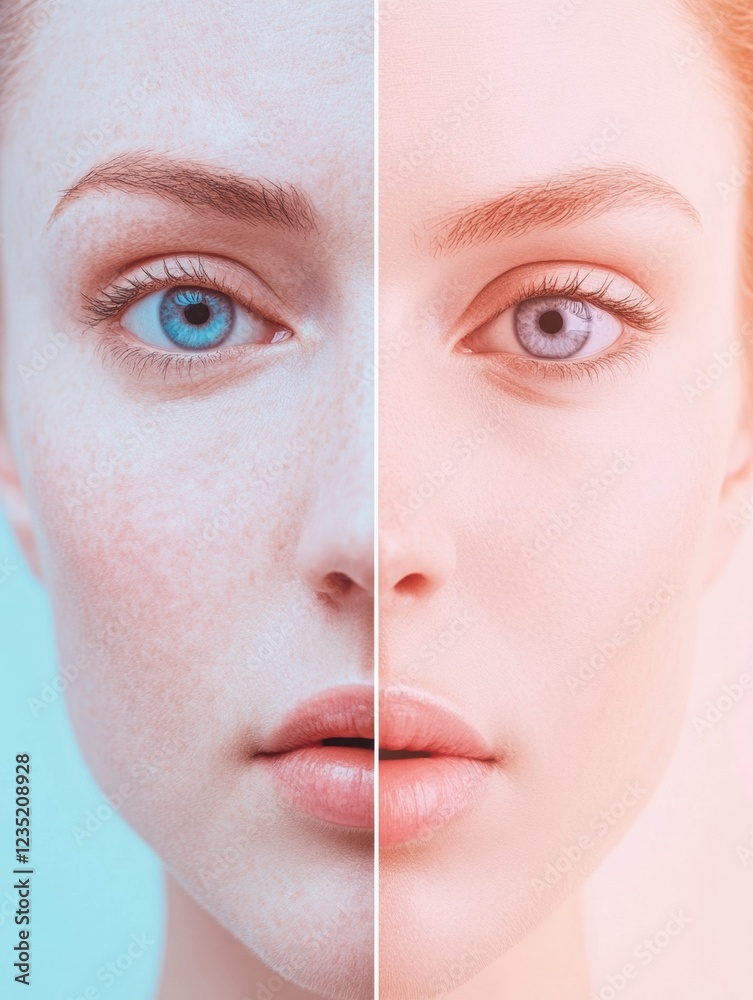Poster comparison of aging signs and youthfulness in two distinct faces illustrating beauty standards and s