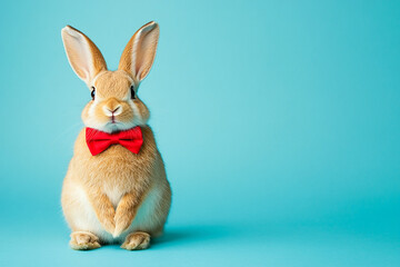 Obraz premium Adorable Bunny in Red Bow Tie Set Against Vibrant Blue Background with Playful Charm. Happy Easter. Copy space