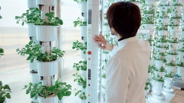 A man in a white lab coat is tending to a row of plants in a greenhouse

