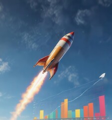 Naklejka premium A rocket soaring upwards with a colorful financial chart unfolding like a wing on a blue sky background, growth, finance