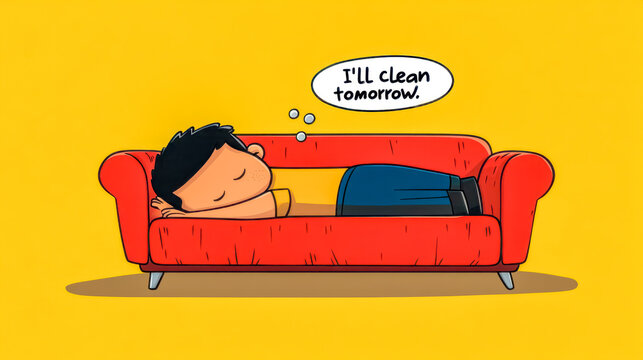 Cartoon man sleeping on couch, postponing cleaning to tomorrow