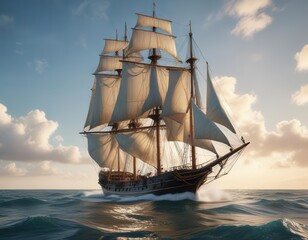 Obraz premium A sailing ship with billowing sails in a calm sea, nautical theme, water