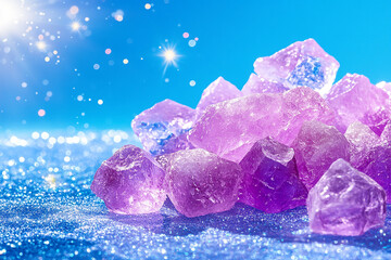 Fototapeta premium Glittering purple crystals sparkle under a bright blue sky.