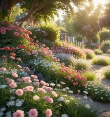 A serene landscape of flowers in a beautiful garden with soft focus and warm lighting,  peaceful,  serene