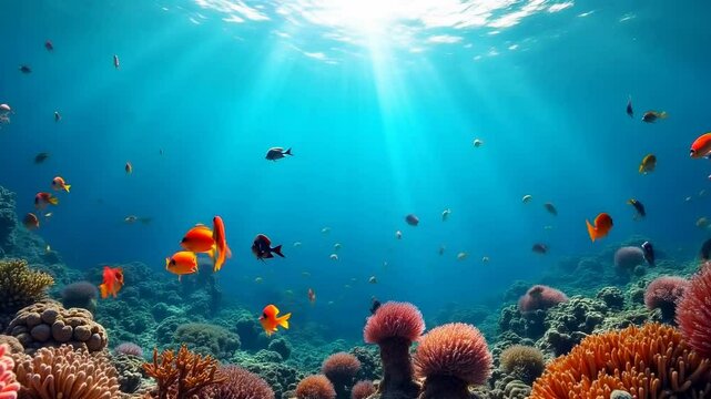 World ocean wildlife landscape with sunlight shining through water surface. Coral reef and swimming fish on the ocean. World Oceans Day. Beautiful underwater background
