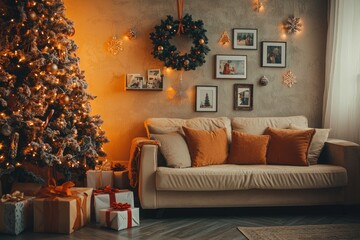 Cozy living room with decorated Christmas tree, presents, and warm lighting.