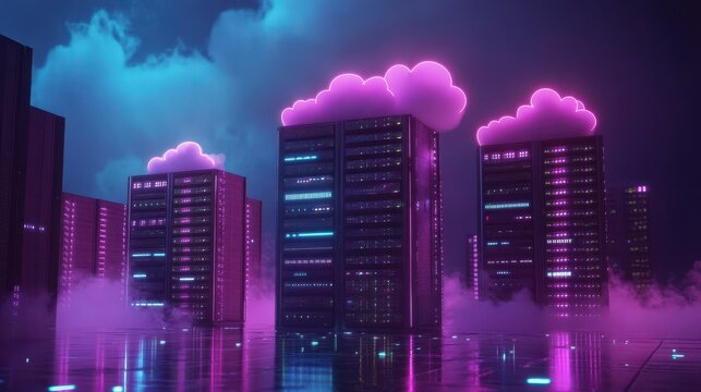 Modern data storage concept featuring server stack with cloud symbols, representing technology, network and digital solutions.