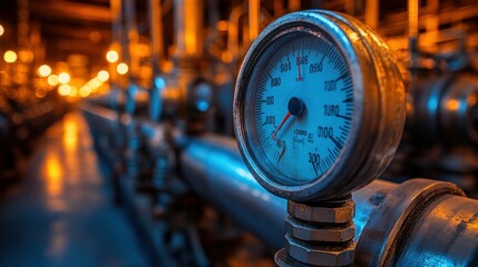 Fototapeta premium Industrial pressure gauge in a pipeline, factory setting