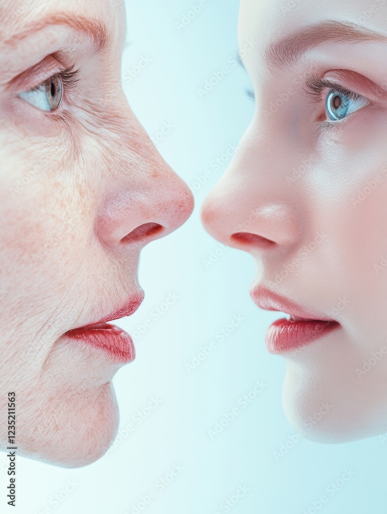 Poster contrast of youth and age displayed in two faces reflecting time and experience side by side. genera