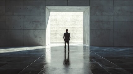 Male standing in abstract concrete tile space interior background with sunlght. Design and abstraction concept