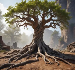 A tree with gnarled roots and twisted branches, tree roots,  organic