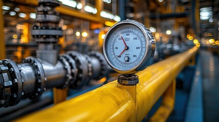 Industrial pressure gauge on pipeline in a factory