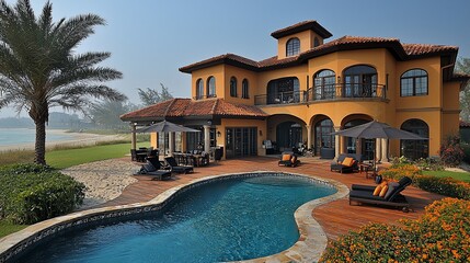 Fototapeta premium Luxury Beachfront Villa: Oceanside Oasis with Pool