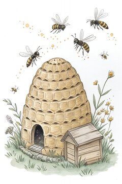 bees flying around beehive watercolor clip art preview