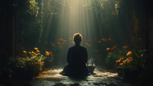 Woman meditates in a sunlit greenhouse garden - Powered by Adobe