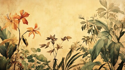 Abstract hand drawn nostalgic tropical botanical oil painting art wallpaper.