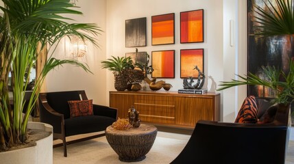 Modern design home interior of living room with wooden commode, design black armchair, tropical leafs and elegant accessories. Stylish home decor. Mock up abstract paintings on the wall. Template.