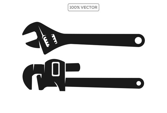 Black silhouette of pipe wrench on white background. vector logo