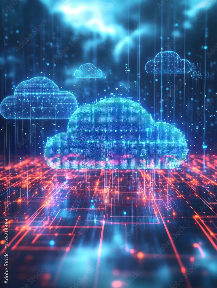 Poster conceptual visualization of cloud computing with holographic symbols for secure data flow and storag