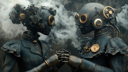Fototapeta premium Steampunk Robot Sisters, beautifully dressed in elegant and stylish attire, showcase their charm