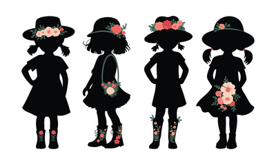 Floral Silhouette Vector Illustration of Cute Girls in Dresses with Hats Boots