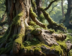 Obraz premium Ancient tree trunk with gnarled bark and moss-covered surface, nature, arboriculture