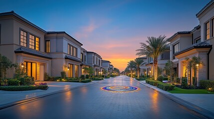 Luxurious residential street at twilight, illuminated homes, palm trees, tranquil ambiance