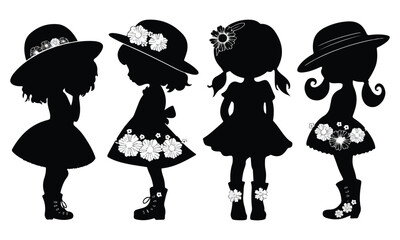 Charming Silhouette Illustration of Girls with Floral Hats and Dresses Vector Art