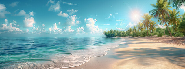 Sea sky and sandy beach with palm trees. Paradise on earth. Dreams come true.