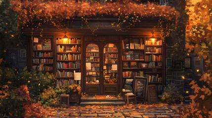 A charming bookstore with a rustic facade, lit by warm lamps, surrounded by autumn foliage. Rustic Charm. Illustration