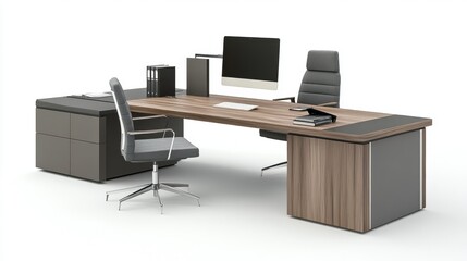 A modern office desk with a computer, chair, and filing cabinet.