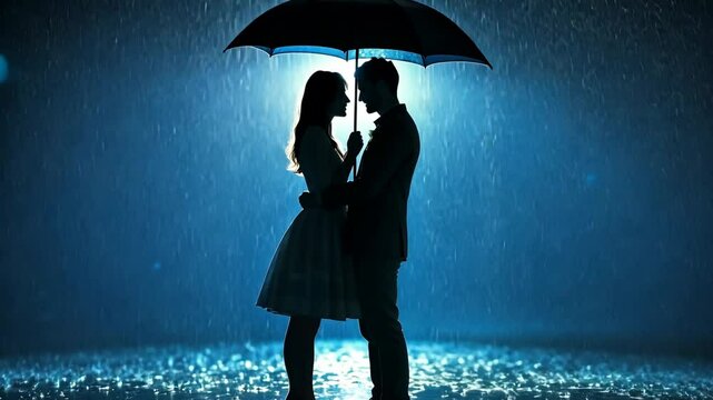 Romantic couple embracing under an umbrella during a rainstorm at night in a serene, illuminated atmosphere