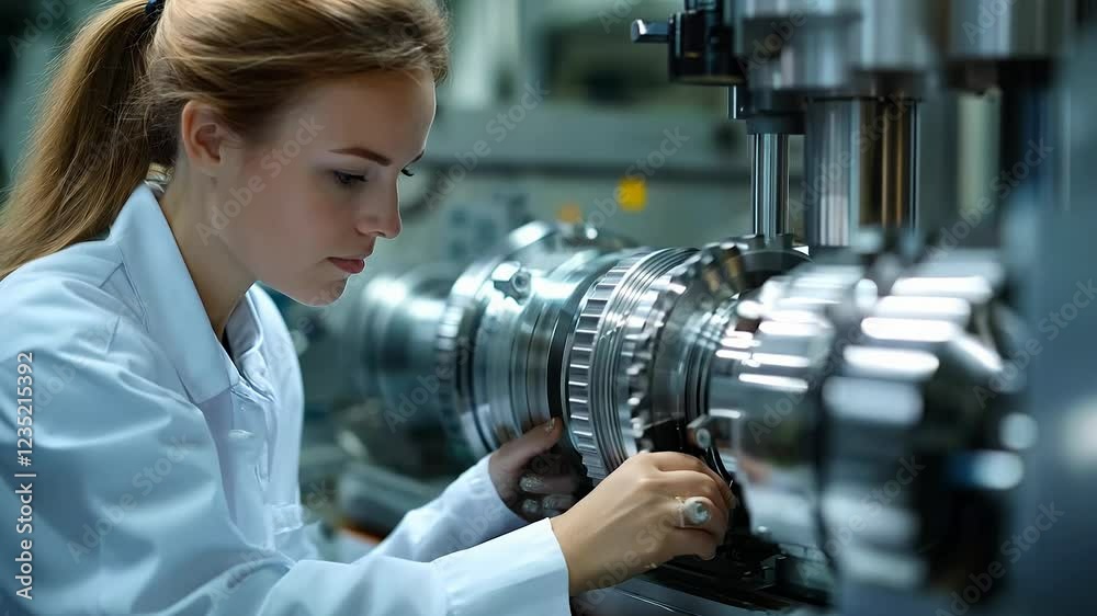 Poster A focused female engineer in a lab coat examines a complex machine component with precision. She ensures functionality and safety in the high-tech environment of the engineering facility.