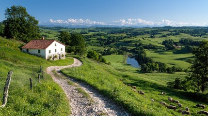 Fototapeta premium White farmhouse with a red roof sits on a lush green hill beside a winding dirt road overlooking a scenic countryside valley.