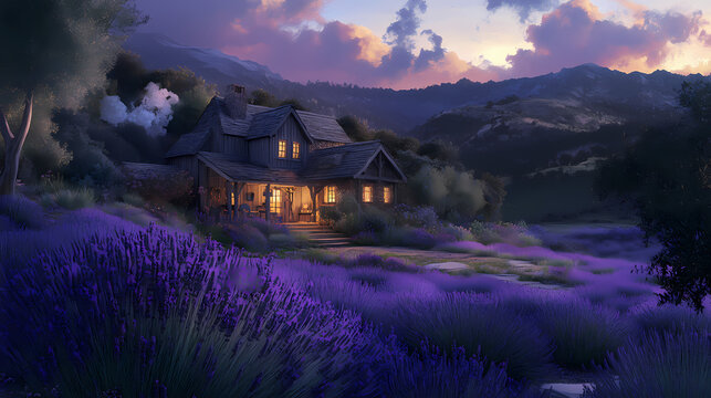 A secluded countryside inn surrounded by fields of lavender, with a rustic charm and cozy interiors. Rustic Charm. Illustration