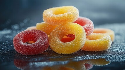 Colorful Sugar-Coated Gummy Rings Stacked on a Dark Surface