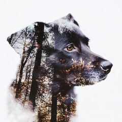 Double-Exposure Dog Portrait Blended with Natural Landscapes, Artistic Fusion of Animals and Nature in a Surreal Conceptual Style