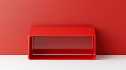 3D red podium on white floor with a red wall in the background, Minimal style, Product display, Mockup, Showcase, Showroom presentation. Vector illustration