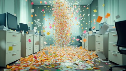 Office celebration features colorful paper confetti filling the workspace creating a joyful atmosphere and a sense of excitement