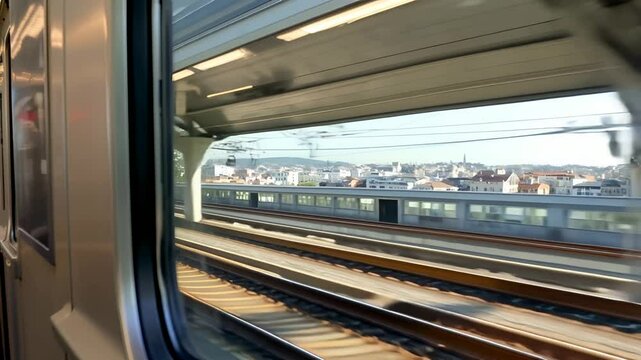 Close up view from a window of a train moving on the rails near a station in Nice, France