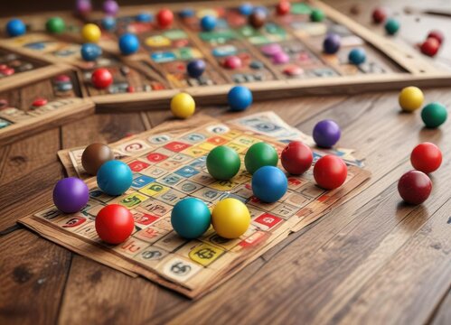 Balls bouncing on a wooden table with colorful bingo cards scattered around ,  balls,  pattern