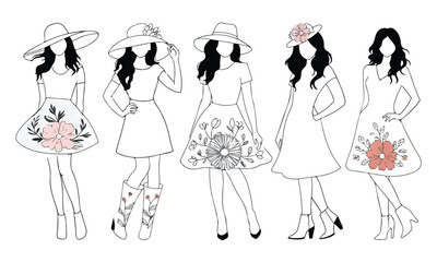 Collection of Floral Dresses and Accessories Fashion Illustrations