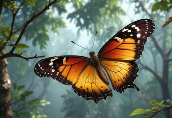 Obraz premium Beautiful butterfly wings spread wide on a branch, spring, beautiful butterfly wings