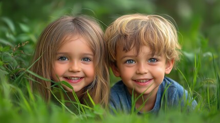 Smiling children enjoy a sunny day in a green field while playing and exploring nature together in the afternoon light