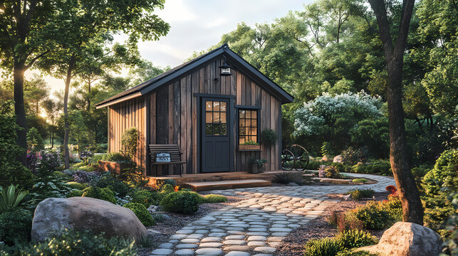 Custom built cottage garden shed with cobblestone sidewalk, wood board and batten siding. Rustic Charm. Illustration