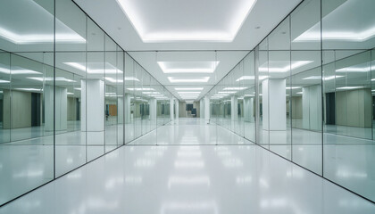 Surreal mirror room with reflective furniture and bright lighting, infinity concept
