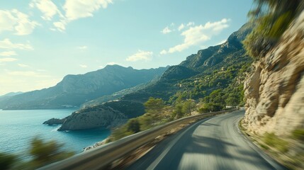 Mediterranean sea coast road into mountains horizon in summer with beautiful bright sun rays - wide angle panorama shot with high speed motion blur effect
