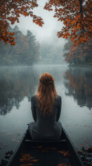  Solitary Figure Sitting by the Water in a Misty and Melancholic Landscape, Moody Autumn Scene with Fog and Reflection