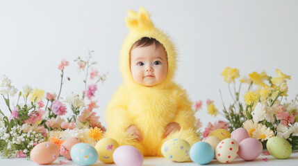 Fototapeta premium Adorable baby in yellow chick costume surrounded by colorful easter eggs and spring flowers